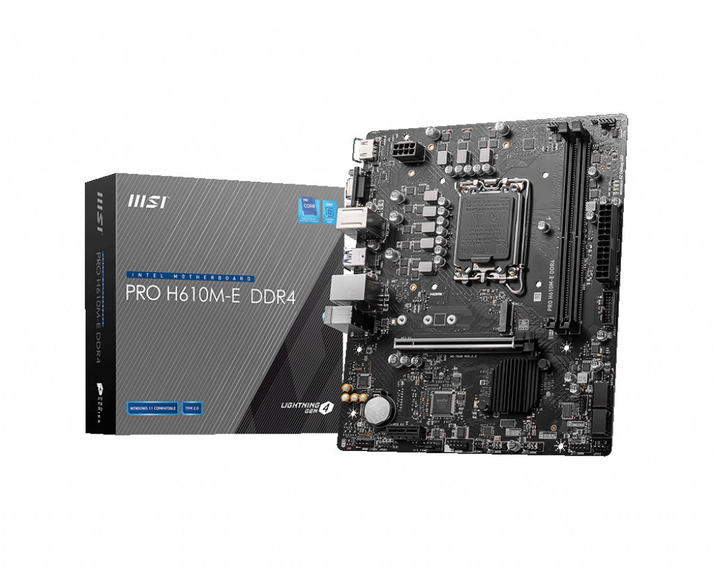 Материнская плата MSI PRO H610M-E DDR4, Socket1700, Intel H610, 2xDDR4, PCI-Ex16, 4SATA3, 7.1-ch, GLAN, 4 USB 3.2, VGA, HDMI, mATX, Retail б/у, после ремонта сокета, следы установки, косметические дефекты сокета, комплект (материнская плата, коробка, крепление М2, заглушка сокета, заглушка I/O, сата кабель)