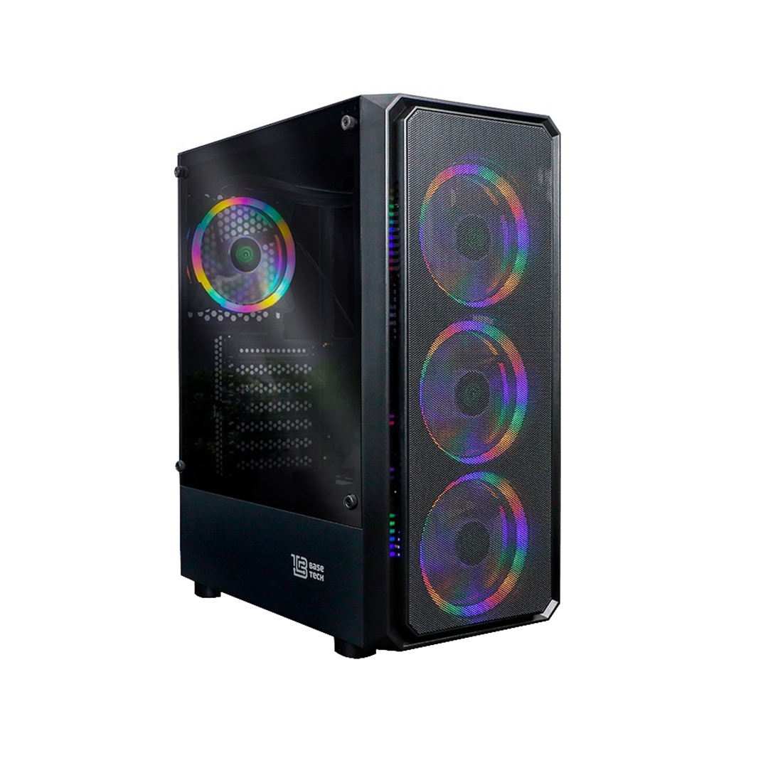 Корпус BaseTech eXtreme GFX-03, ATX, Midi-Tower, USB 3.0, RGB подсветка, черный, 600 Вт (BT-GFX-03-MESH-4F-RGB-600W) б/у, без следов монтажа, царапины и потёртости на корпусе, деформация на боковой крышке, полный комплект