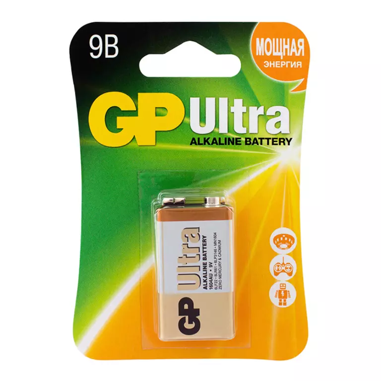 Батарейка GP Ultra, крона (6LR61/6LF22/1604A/1604S/6F22), 9V, 1 шт