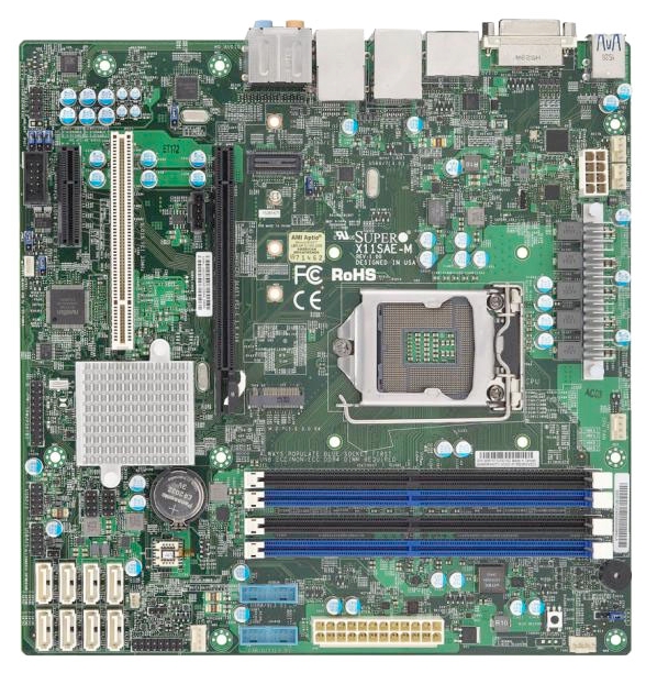 

Материнская плата Supermicro X11SAE-M, 1xSocket1151, iC236, 4xDDR4, PCI-Ex16, 1xM.2-PCI-E, 8SATA3 RAID 0/1/5/10, 7.1-ch, 2GLAN, 6xUSB 2.0, 8xUSB 3.1, DVI, HDMI, DisplayPort, mATX, Retail (MBD-X11SAE-M-O), X11SAE-M