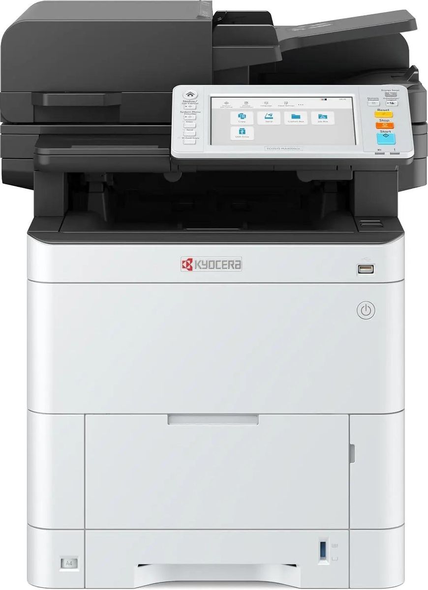 МФУ лазерный Kyocera Ecosys MA4000cix, A4, цветной, 40 стр/мин (A4 ч/б), 40 стр/мин (A4 цв.), 1200x1200 dpi, дуплекс, ДАПД-100 листов, сетевой, USB, белый/черный (1102Z43NL0) б/у, ремонт сканера, в комплекте: коробка, МФУ с оригинальными картриджами, отпечатано ~50 листов
