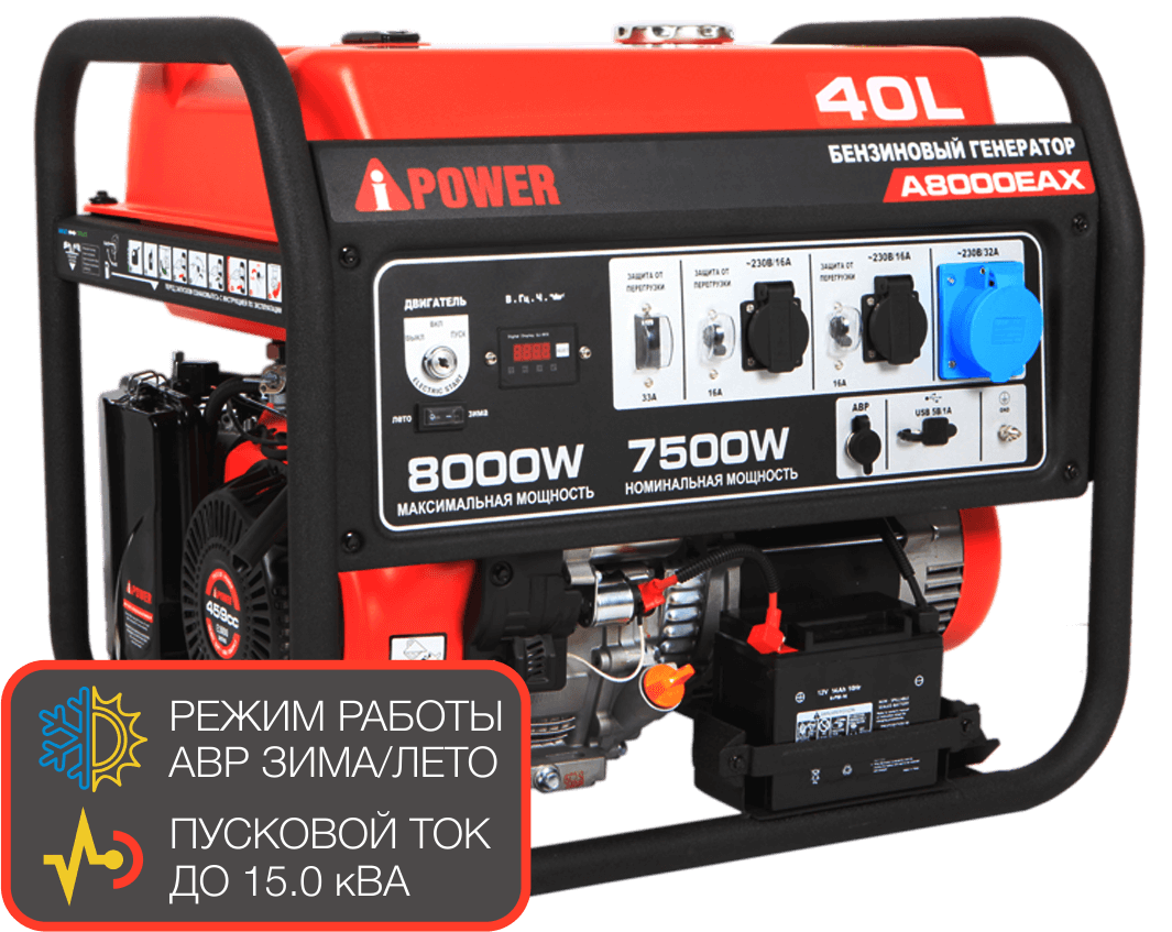 Электрогенератор A-iPower A8000EAX, 13.5 л.с., 8 кВт