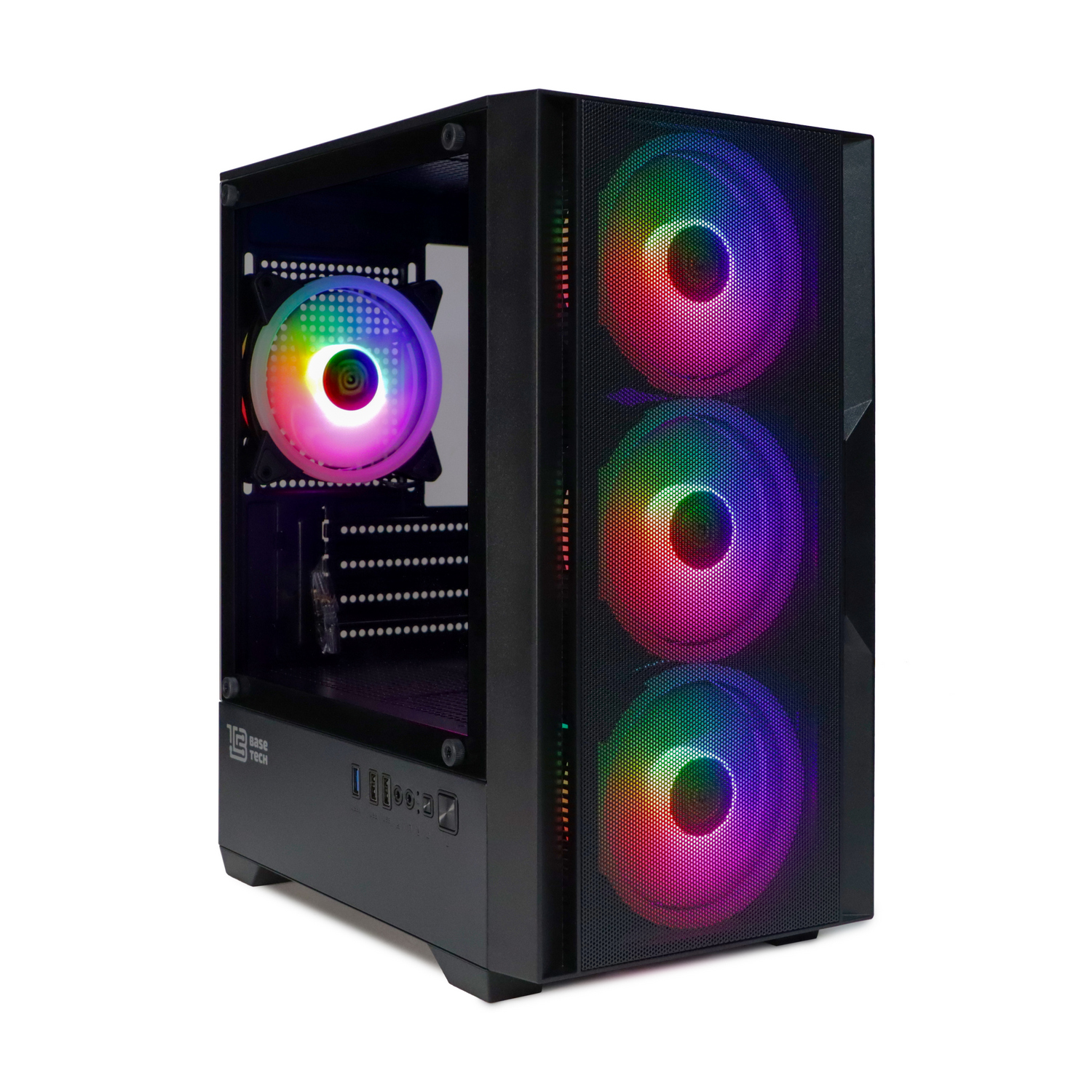 Корпус BaseTech eXtreme GFX-06, mATX, Mini-Tower, USB 3.0, ARGB, черный, без БП (BT-GFX-06-MESH-4F-ARGB) б/у, не эксплуатировался, полный комплект, трещина на лицевой пластиковой панели, замятие на левой стенке, замятие в верхнем углу