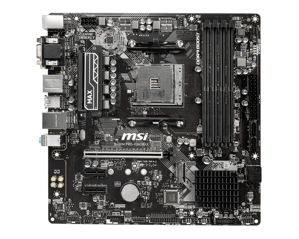 Материнская плата MSI B450M PRO-VDH MAX, SocketAM4, AMD B450, 4xDDR4, PCI-Ex16, 4SATA3, 7.1-ch, GLAN, 6 USB 3.2, VGA, DVI, HDMI, mATX, Retail б/у, компонентный ремонт, без комплекта - только материнская плата