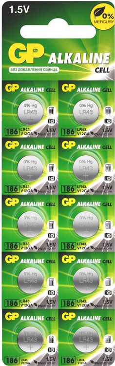 Батарейка GP Alkaline, AG12/386/LR43/186A, 1.5V, 10 шт