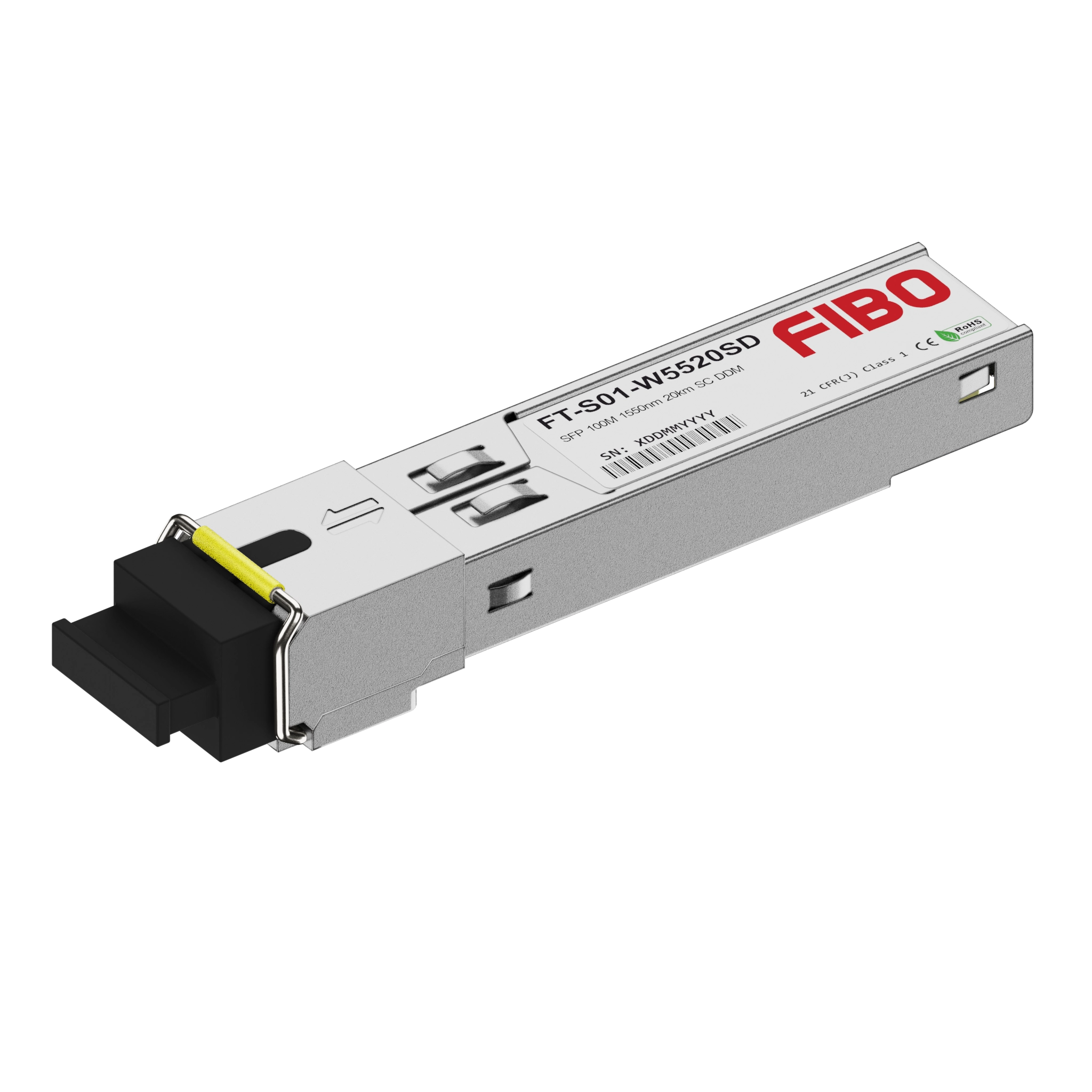 Модуль SFP FIBO, 20 км, SC, Tx:1550 нм, Rx:1310 нм, 100 Мбит/с, SM, одинарный, DDM (FT-S01-W5520SD) б/у, замяты грани