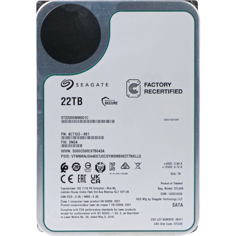 Жесткий диск (HDD) Seagate 22Tb, 3.5", 7.2K, SATA3 (ST22000NM001C RECERTIFIED)