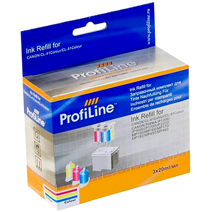 

Заправочный набор струйный ProfiLine PL-INK-CL 41/CL 51/CL 513, 3x20мл, голубой/ пурпурный/ желтый для Pixma MP450/PM170/PM150/iP6220D/iP6210D/iP2200/iP1600/iP1800 (CL 41/CL 51/CL 513) совместимый, PL-INK-CL 41/CL 51/CL 513