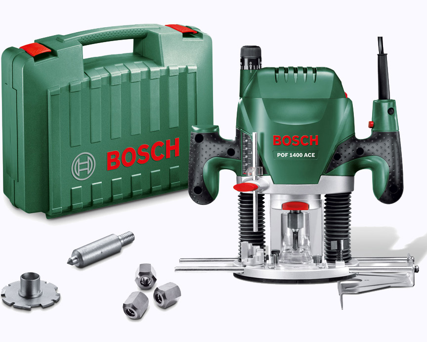 Фрезер вертикальный Bosch POF 1400 ACE, сетевой, 1.4 кВт, скорость вращения 11000 об/мин - 28000 об/мин, глубина фрезерования 5.5 см, размер цанги 6, регулировка скорости вращения, кейс, 3.5 кг (060326C820)