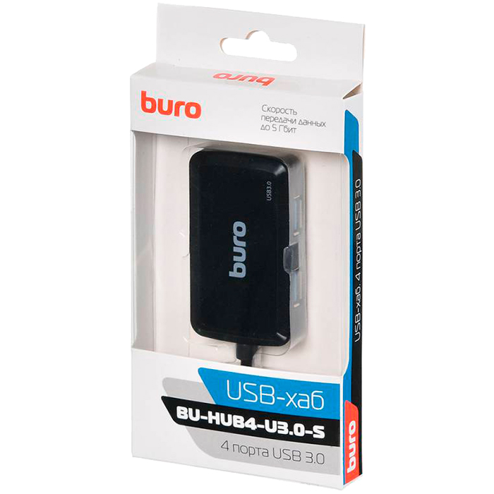 Концентратор Buro BU-HUB4-U3.0-S, 4xUSB 3.0, черный - фото 1