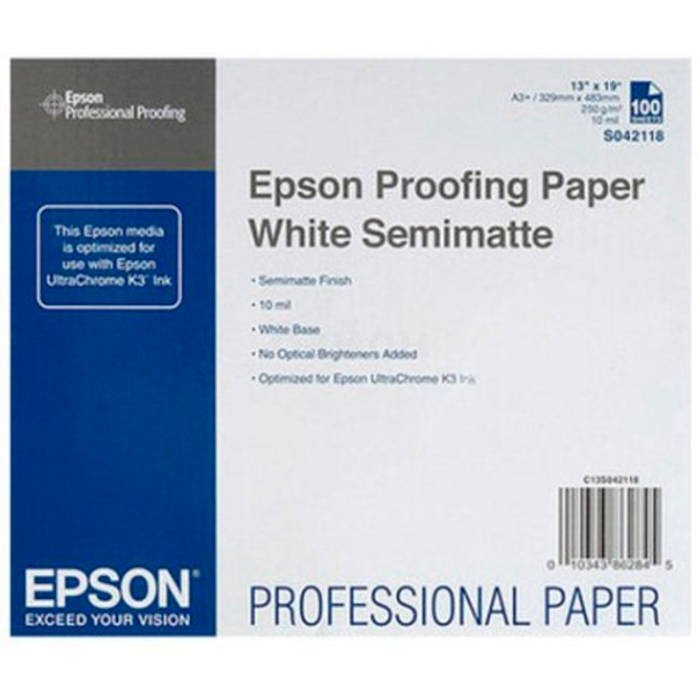 

Фотобумага A3+ 250г/м2 полуматовая, 100 листов, двусторонняя, Epson Proofing/C13S042118 для струйной печати, Белый, Proofing