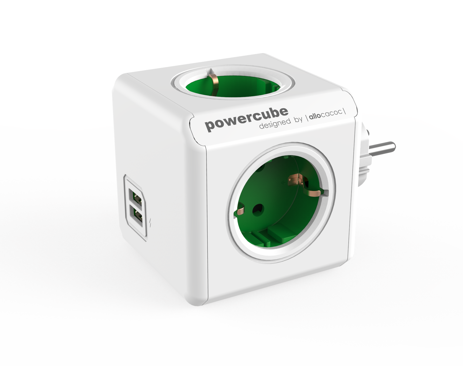 Сетевой разветвитель Allocacoc PowerCube Original USB 4-розетки, 16A, с/з, белый/зеленый (1202GN/DEOUPC)