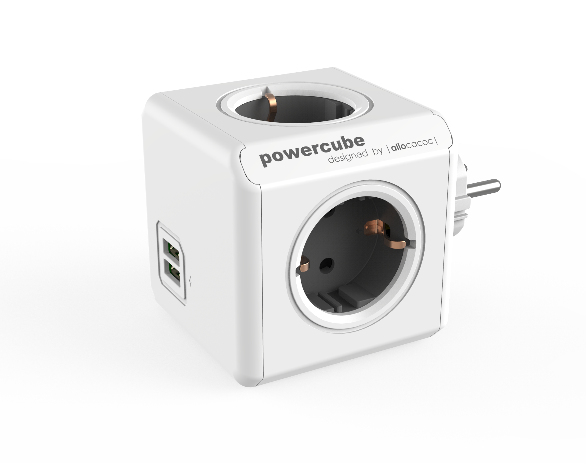 Сетевой разветвитель Allocacoc PowerCube Original USB 4-розетки, 16A, с/з, белый/серый (1202GY/DEOUPC)