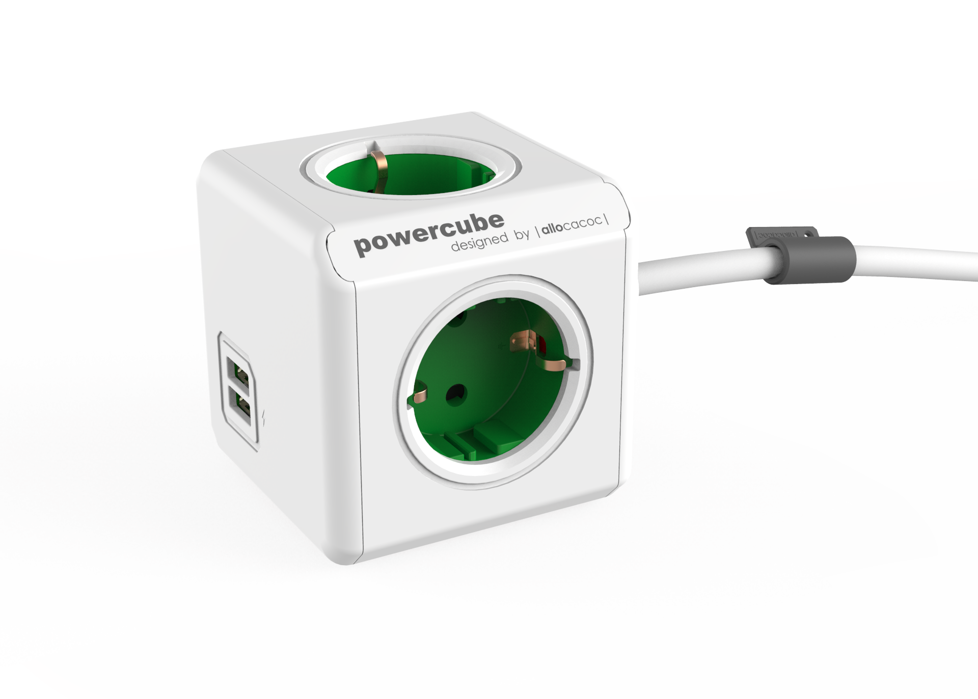 Удлинитель Allocacoc PowerCube Extenden USB, 4-розетки, 1.5м, белый/зеленый (1402GN/DEEUPC)
