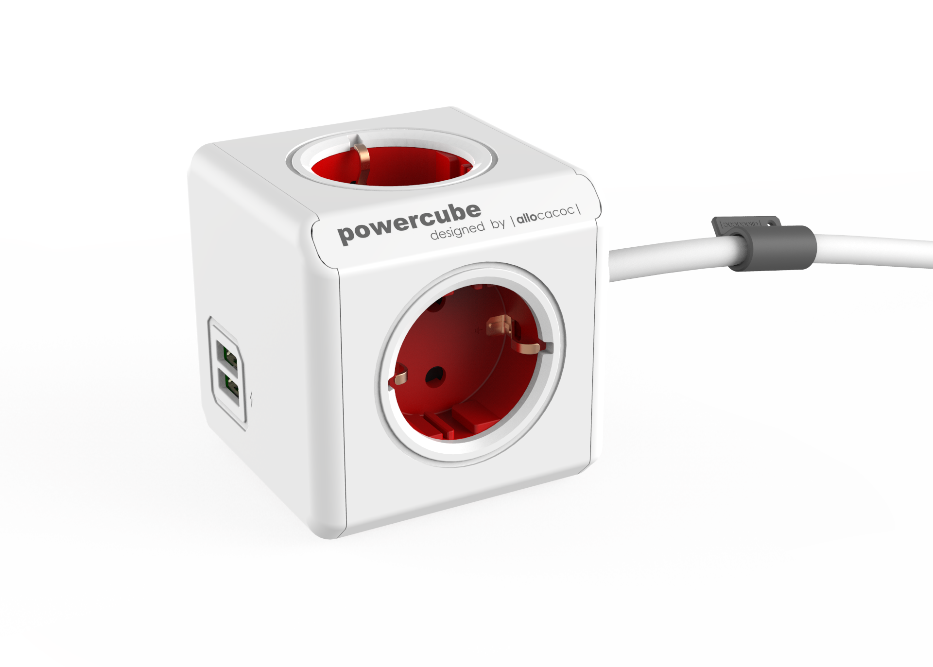 Удлинитель Allocacoc PowerCube Extenden USB, 4-розетки, 1.5м, белый/красный (1402RD/DEEUPC)