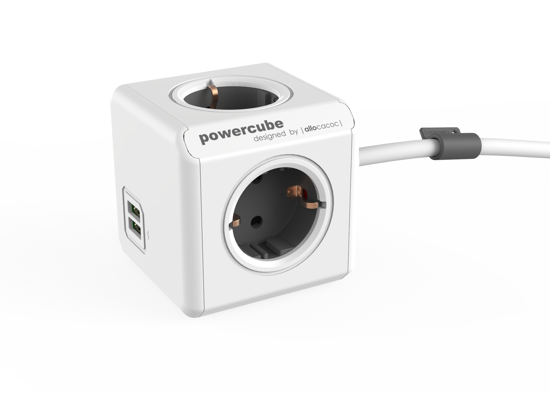 Удлинитель Allocacoc PowerCube Extenden USB, 4-розетки, 1.5м, белый/серый (1402GY/DEEUPC)