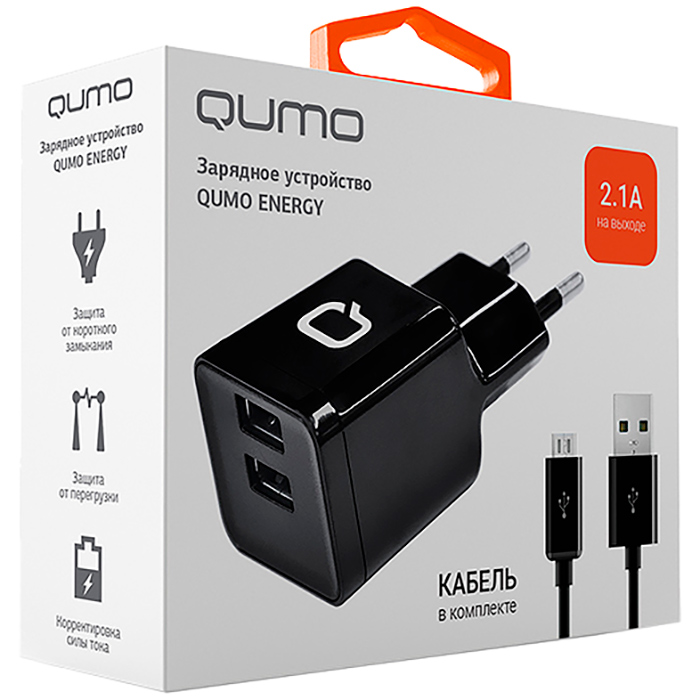 Сетевое зарядное устройство Qumo Energy, 2USB, 2.1A, черный, кабель microUSB 20781 - фото 1