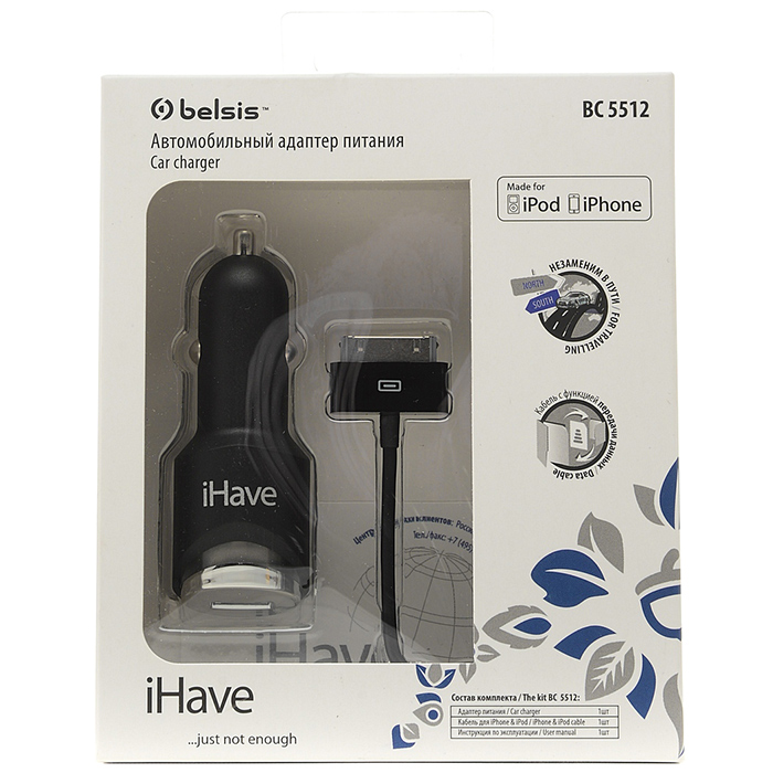 

Автомобильное зарядное устройство Belsis BC5512, 1USB, 1A, черный, кабель Apple 30pin, BC5512