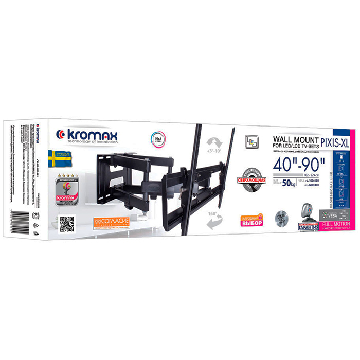 

Кронштейн для TV/монитора KROMAX PIXIS-XL, 40"-90", VESA 100x100 - 400x400, вес до 50кг, настенный, черный (26017), PIXIS-XL