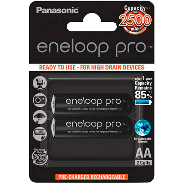 

Аккумулятор Panasonic eneloop pro BK-3HCDE/2BE, AA, 1.2V 2.5 А·ч, 2 шт, Черный, BK-3HCDE/2BE