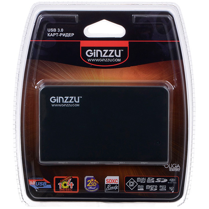 Картридер Ginzzu внешний, мультиформатный, USB 3.0, черный (GR-336B) - фото 1