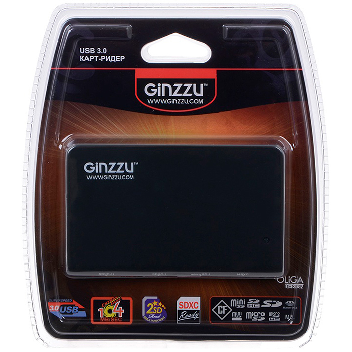 

Картридер внешний Ginzzu GR-336B, мультиформатный, USB 3.0, черный, GR-336B