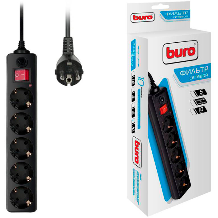 Сетевой фильтр BURO, 5-розеток, 10 м, черный