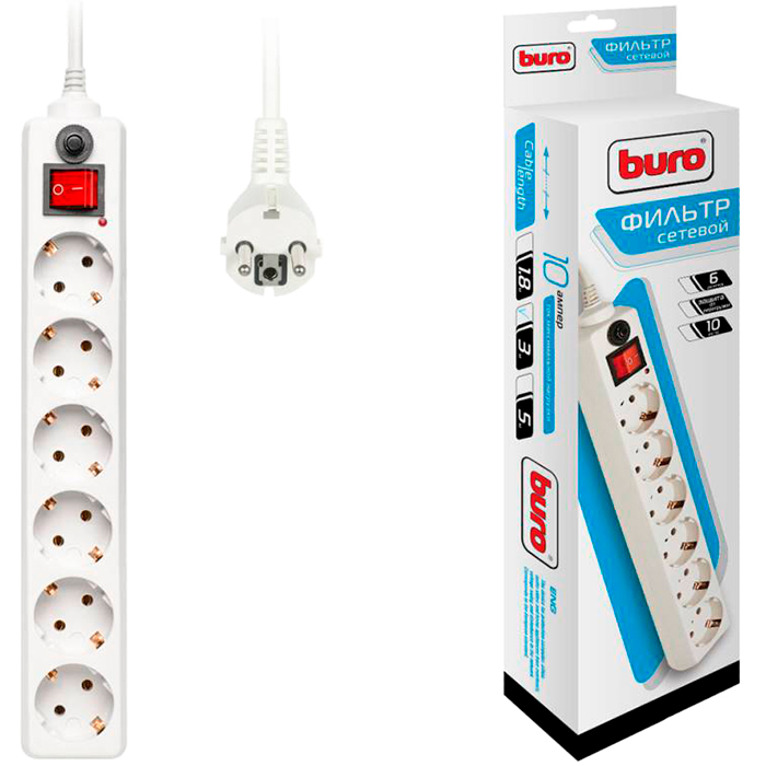 

Сетевой фильтр BURO, 6-розеток, 3 м, белый (600SH-3-W)