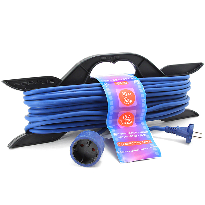 Удлинитель на рамке PowerCube, 1-розетка, 20м, синий (PC-B1-F-20-R)