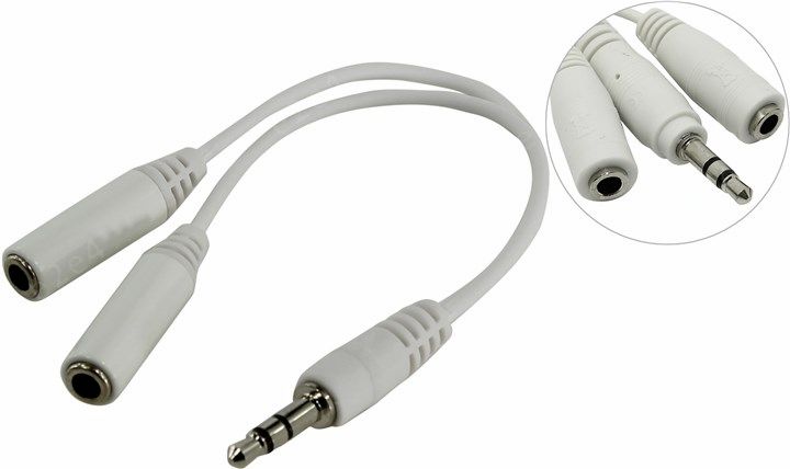 Кабель-разветвитель Jack 3.5mm(M)-2xJack 3.5mm(F), 20 см, белый 5bites (AA-3MF2-02WH)