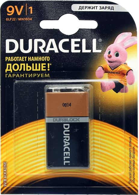 

Батарейка Duracell Basic, крона (6LR61/6LF22/1604A/1604S/6F22), 9V, 1 шт. (6LR61-1BL), Черный/золотистый