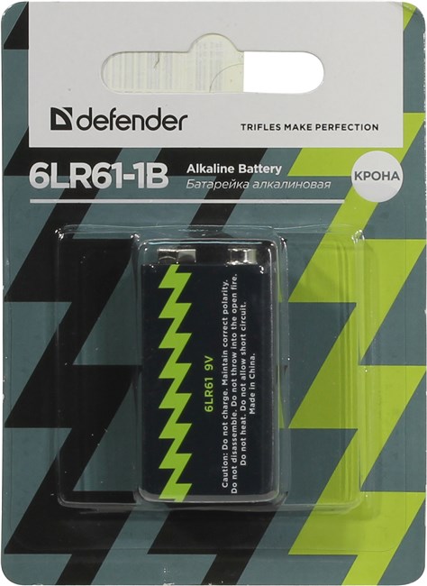 

Батарея Defender 6LR61-1B, Крона, 9V 1шт, Черный