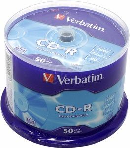 Диск Verbatim CD-R, 700Mb, 52x, Cake Box, 50 шт (43351)