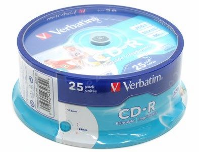 Диск Verbatim CD-R, 700Mb, 52x, Cake Box, 25 шт, Printable, DataLife+