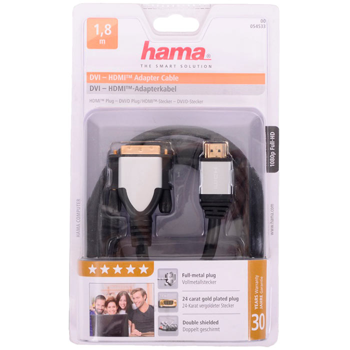 

Кабель HDMI-DVI Hama, 1.8m (H-54533), Черный