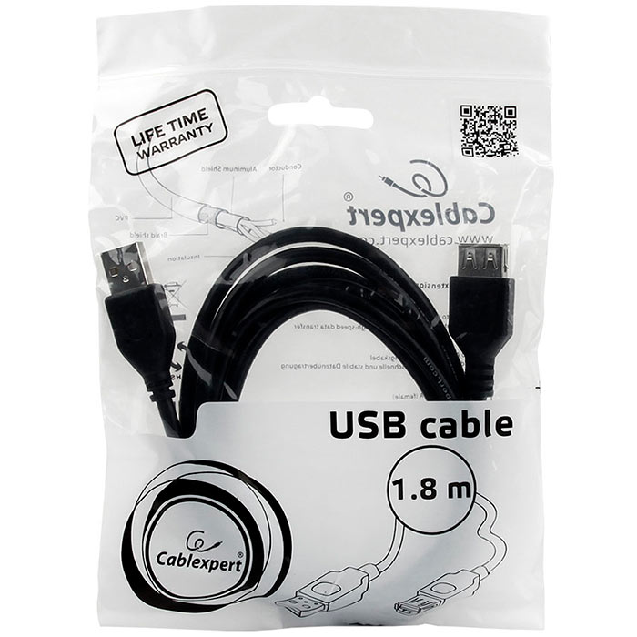 Кабель-удлинитель USB(Am)-USB(Af), 1.8 м, черный