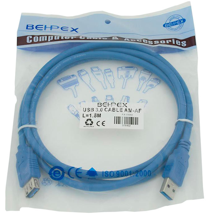Кабель USB 3.0(Am)-USB 3.0(Af), 1.8 м, синий