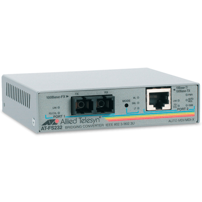 

Медиаконвертер Allied Telesis AT-FS232 Fast Ethernet 10/100TX – 100FX (SC), Серый, AT-FS232