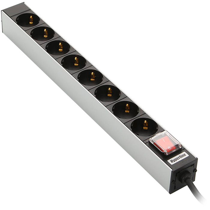 Блок розеток Hyperline SHT19-8SH-S-2.5EU для 19" шкафов, горизонтальный, 8-универсальных розеток, 16A, выключатель, шнур 2.5m