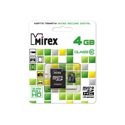 Карта памяти 4Gb microSDHC Mirex Class 10 адаптер 28500₽