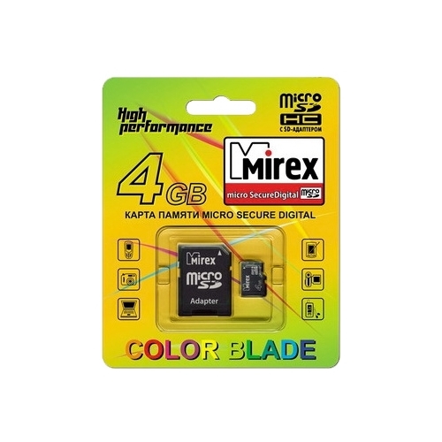 Карта памяти 4Gb microSDHC Mirex Class 4 адаптер 27500₽