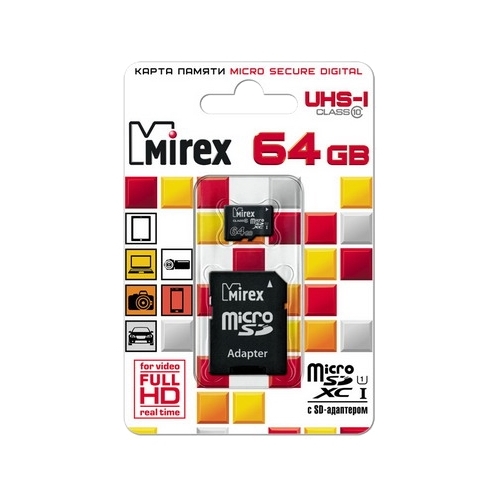 

Карта памяти 64Gb microSDXC Mirex Class 10 UHS-I U1 + адаптер, 13613-AD10SD64