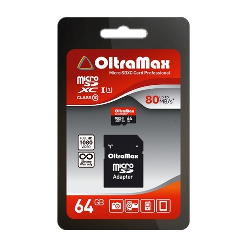 

Карта памяти 64Gb microSDXC OltraMax Premium Class 10 UHS-I U3 + адаптер (OM064GCSDXC10UHS-1-PrU3), OM064GCSDXC10UHS-1-PrU3