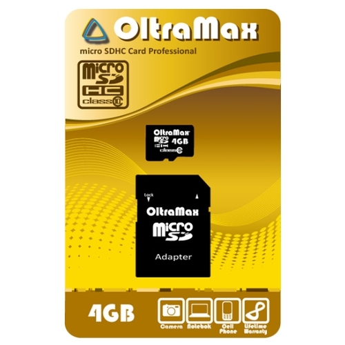 

Карта памяти 4Gb microSDHC OltraMax Class 10 + адаптер, OM004GCSDHC10