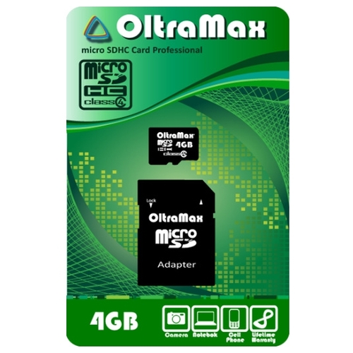 

Карта памяти 4Gb microSDHC OltraMax Class 4 + адаптер, OM004GCSDHC4
