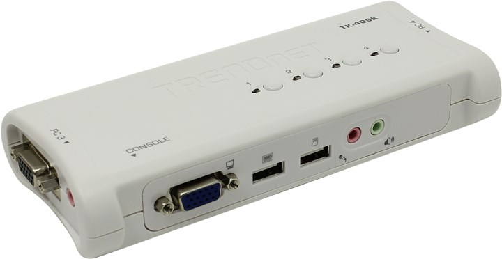 

Переключатель TRENDnet TK-409K 4-port USB KVM Switch (клавиатураUSB+мышьUSB+VGA15pin+audio)