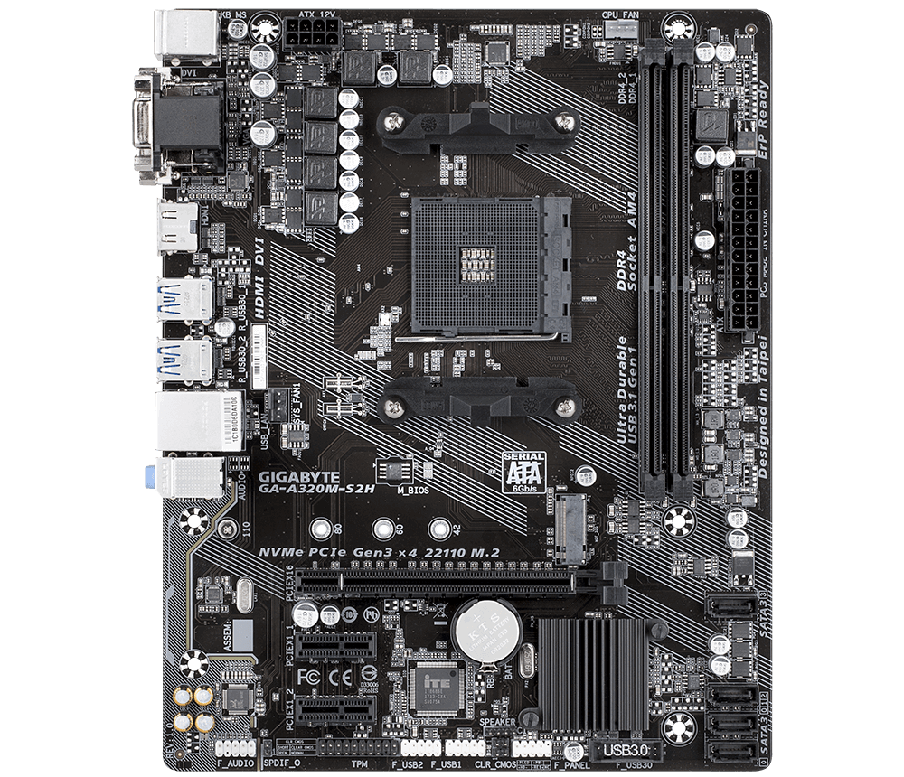

Материнская плата GIGABYTE GA-A320M-S2H, SocketAM4, AMD A320, 2xDDR4, PCI-Ex16, 4SATA3, 7.1-ch, GLAN, 6USB 3.1, VGA, DVI, HDMI, mATX, Retail, GA-A320M-S2H