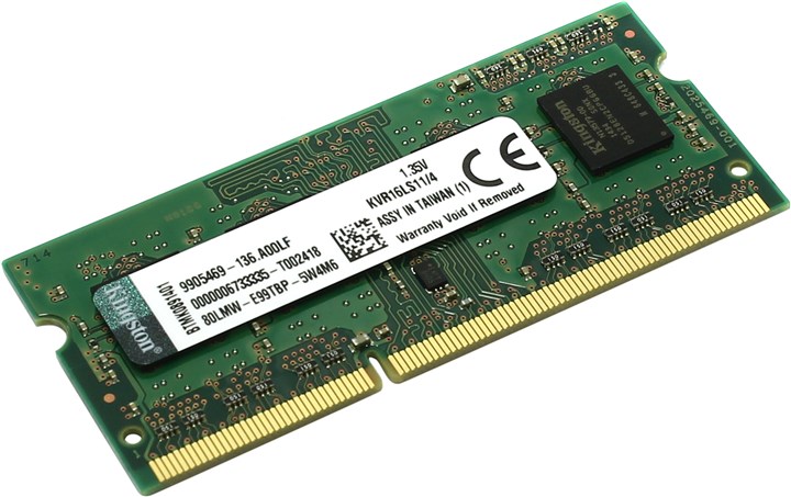 Память DDR3L SODIMM 4Gb, 1600MHz, CL11, 1.35 В, Kingston, ValueRAM (KVR16LS11/4WP)