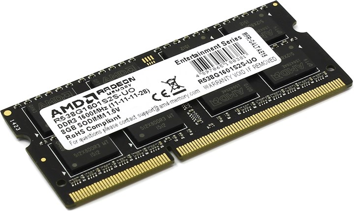 

Память DDR3 SODIMM 8Gb, 1600MHz, CL11, 1.5 В, AMD (R538G1601S2S-UO), R538G1601S2S-UO