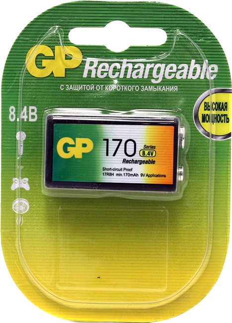 

Аккумулятор GP Rechargeable 17R8H, крона, 8.4V 170 мА·ч, 1 шт, Зеленый/желтый, 17R8H